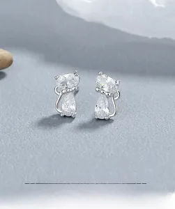 Detailed view of 925 sterling silver cat stud earrings with sparkling zircon stones