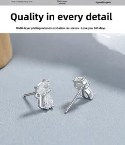 Detail of S925 sterling silver cat stud earrings featuring clear teardrop zircon stones