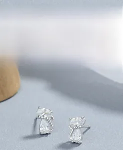 Detailed view of S925 sterling silver cat stud earrings with pear-cut cubic zirconia