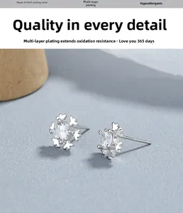 Close-up of S925 sterling silver snowflake earrings with shiny cubic zirconia stones
