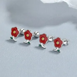 Detail of S925 sterling silver red flower earrings with screw and butterfly backs