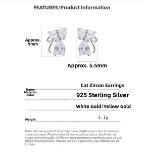 Detailed size specifications for 925 silver cat earrings with sparkling cubic zirconia