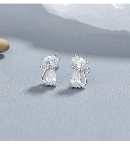 Detailed view of sterling silver cat studs with sparkling zircon stones and sleek metal tail
