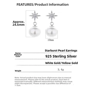 Detailed specs of 925 sterling silver starburst pearl earrings with 10mm pearl size