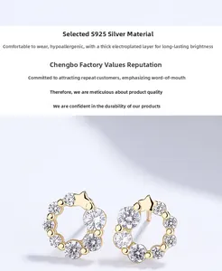 Detailed macro view of S925 sterling silver gold plated round zircon stud with star accent