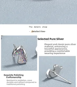 Detailed macro view showing the polished 925 sterling silver unicorn stud earring design