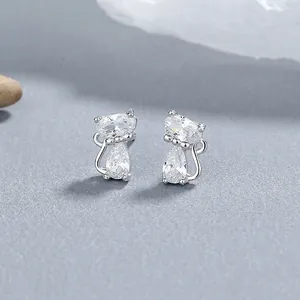Cute Cat Shape 925 Sterling Silver Stud Earrings For Women Tiny Animal Kitten Zirconia Inlaid Minimalist Dainty Jewelry Gift