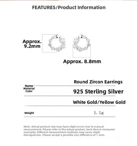 Size specifications for 925 sterling silver round cubic zirconia stud earrings
