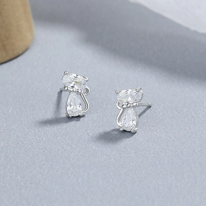Minimalist 925 sterling silver cat stud earrings featuring clear cubic zirconia stones