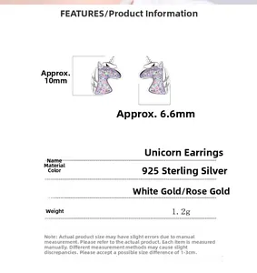 Detail view of 925 sterling silver unicorn stud earrings with size and weight parameters