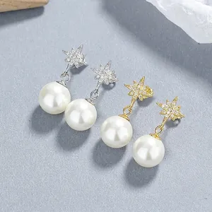 Elegant Starburst Artificial Pearl Stud Earrings With 925 Sterling Silver Earring Post Inlaid Zirconia Dangle Earrings For Women