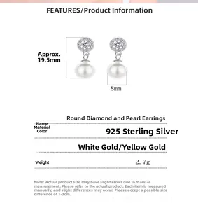 Spécifications de taille pour boucles d'oreilles perles 8mm en argent sterling 925