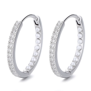 925 Silber Creolen mit feinen Zirkonia-Reihen und eleganten weißen Perlen für Damen