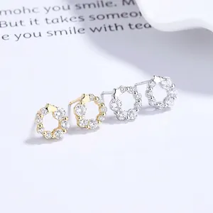 925 Sterling Silver Circle Rhinestone Stud Earrings For Women Elegant Geometric Garland Sparkly Fashion Daily Jewelry Accessories