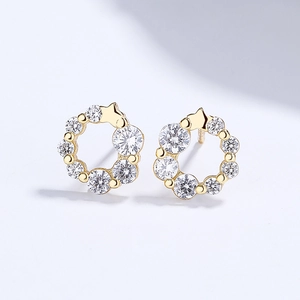 Elegant 925 silver gold-plated wreath stud earrings with cubic zirconia and star accents