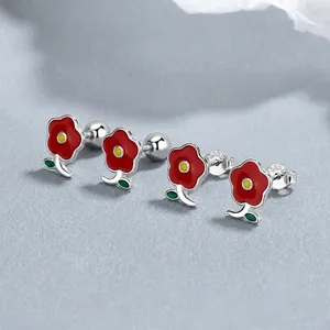 Pendientes de flores rojas en plata de ley 925 con sello S925 para mujer de moda