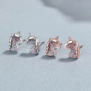 925 Sterling Silver Unicorn Stud Earrings For Women Dreamy Glitter Animal Shaped Rhinestone Earrings Fashion Jewelry Gift