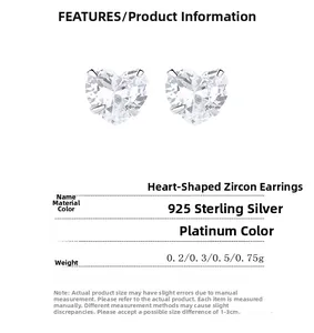 Macro detail of 925 sterling silver heart zirconia earrings with prong setting specifications