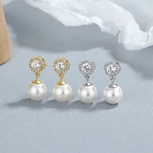 Boucles D'Oreilles Pendantes Künstliche Perles Avec Tige En Argent Sterling 925 Zircon Rond Pavé Bijoux Rétro Élégants Femmes