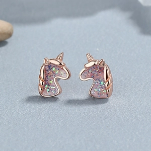 925 silver unicorn stud earrings in rose gold finish with pink glitter inlay for women