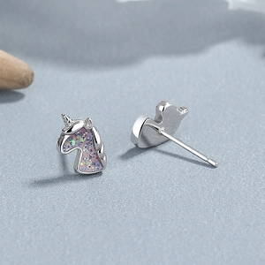 925 sterling silver unicorn stud earrings with pink purple glitter and enamel finish