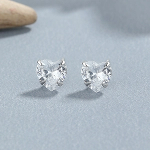 925 sterling silver heart-shaped stud earrings with clear faceted cubic zirconia stones