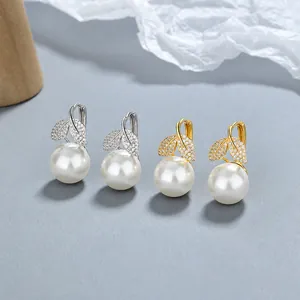 Boucles d'oreilles perles feuilles en argent 925 doré et argenté avec micro-pavage zircon