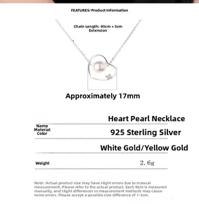 Spécifications du collier en argent 925 avec pendentif cœur perle et mesures de taille