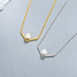 Colliers en argent 925 avec pendentif perle en forme de V en finitions or et argent