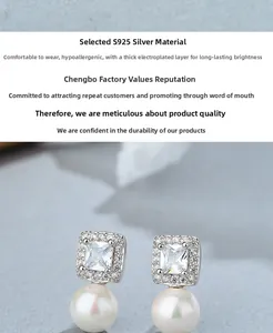 Detail of 925 sterling silver pearl earrings with square pave cubic zirconia stones