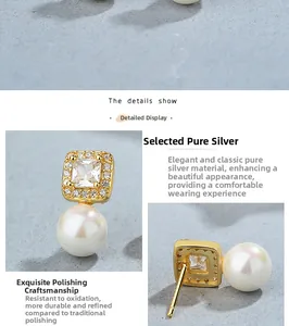 Detail view of 925 silver square zircon stud earrings with premium white pearls
