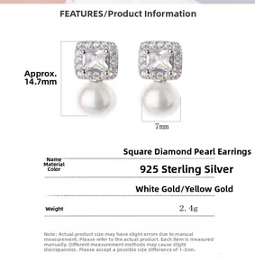 Detailed view of 925 silver square diamond pearl earrings with 14.7mm height measurements