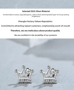 Detail of S925 sterling silver crown studs featuring cubic zirconia and thick plating
