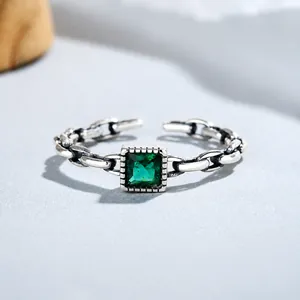 925 Sterling Silver Square Green Rhinestone Chain Ring Vintage Thai Silver Adjustable Open Finger Ring For Women Jewelry
