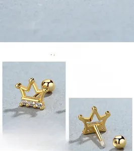 Detailed macro view of 925 sterling silver crown stud with zircon and screw back closure