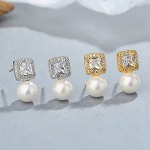 Elegant Square Zirconia Artificial Pearl Stud Earrings With 925 Sterling Silver Earring Post Gold Silver Fashion Jewelry For Women