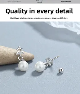 Macro view showing 925 sterling silver crown pearl earrings with secure screw back closure