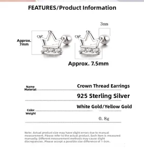 Detailed technical diagram of a 925 sterling silver crown screw stud earring