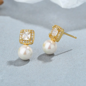 925 sterling silver square diamond and pearl stud earrings with gold plating