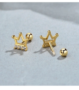 Close-up of 925 silver gold crown earrings with zircons and secure screw back design