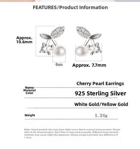 Detailed specs of 925 silver cherry pearl earrings with measurements and crystal details
