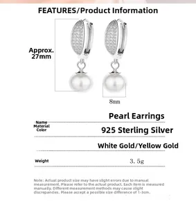 Spécifications de taille des boucles d'oreilles perles en argent 925 avec diamants