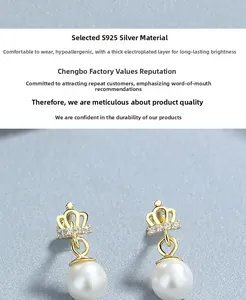 Detailed macro view of S925 sterling silver crown pearl earrings with thick plating