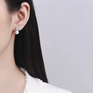 Elegant 925 sterling silver pearl earrings with square pave cubic zirconia stones