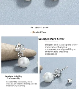 Detailed view of 925 sterling silver crown pearl earrings with polished finish and tiny stones