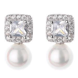 Elegant 925 sterling silver square halo zircon earrings with round white pearl drops