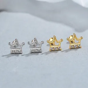 925 Sterling Silver Crown Screw Back Stud Earrings With Zirconia Sparkling Rhinestone Hypoallergenic Geometric Jewelry For Women Gift