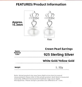 Macro detail of 925 silver crown pearl studs showing dimensions of 15.3mm height