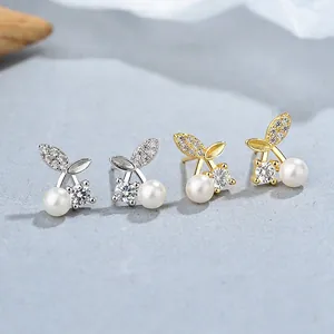 S925 Sterling Silver Earring Post Cherry Artificial Pearl Stud Earrings Alloy Cubic Zirconia Fruit Shaped Elegant Jewelry For Women Gift