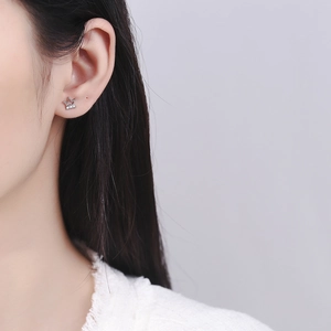 Elegant 925 sterling silver crown stud earring with white zircon on female model's ear